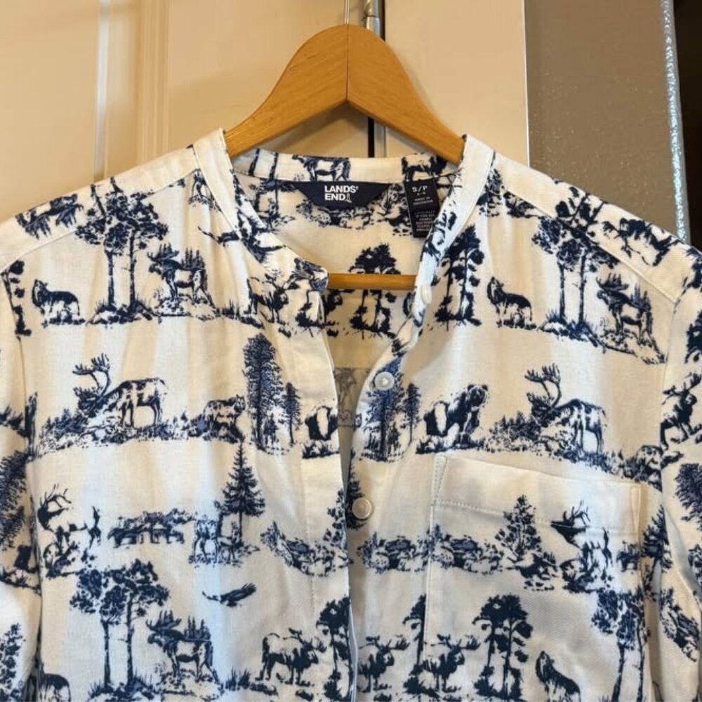 Women’s Blue/White Cotton Forest Theme Tunic Long Sleeve Flannel Top-Size S(6-8) - Picture 4 of 10